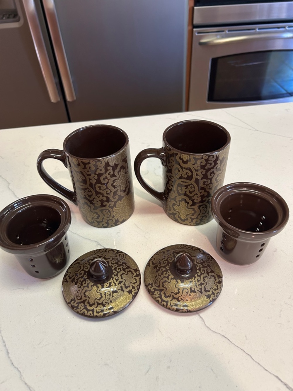 Pottery Barn Brown Chinoise Ceramic Tea Infuser or Coffee Mugs With Lids